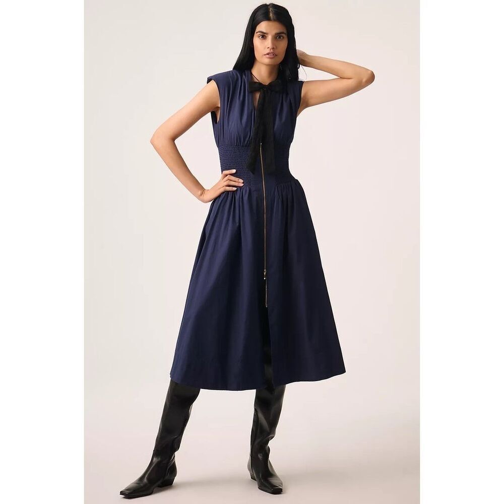 Anthropologie The Tommie Zip-Front Midi Dress Maeve Navy Large NEW